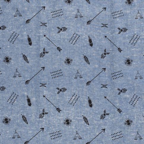 Tissu Chambray Coton Motifs indiens sur fond Bleu jean