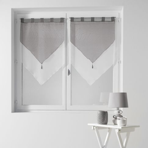 Rideau Voilage vendu par paire Pompon Passants Craftine 2 x 60 x 90 cm Bicolore Rocamadour Blanc/Gris