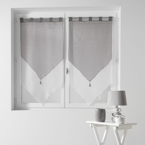 Rideau Voilage vendu par paire Pompon Passants Craftine 2 x 60 x 120 cm Bicolore Rocamadour Blanc/Gris