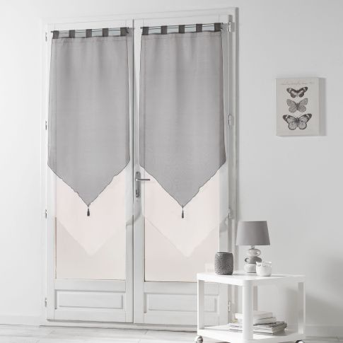 Rideau Voilage vendu par paire Pompon Passants Craftine 2 x 60 x 160 cm Bicolore Rocamadour Blanc/Gris
