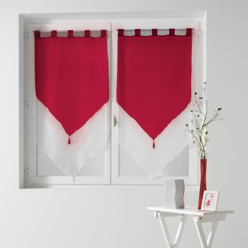 Rideau Voilage vendu par paire Pompon Passants Craftine 2 x 60 x 120 cm Bicolore Rocamadour Blanc/Carmin