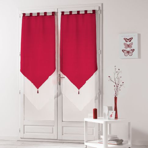 Rideau Voilage vendu par paire Pompon Passants Craftine 2 x 60 x 160 cm Bicolore Rocamadour Blanc/Carmin