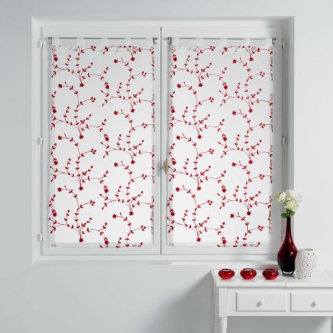 Rideau Voilage vendu par paire Passants Craftine 2 x 60 x 160 cm Sable Brode Barfleur Blanc/Rouge