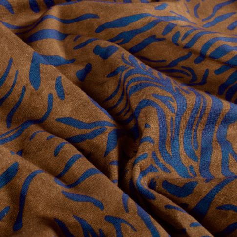Tissu Sweat léger French Terry Léon extensible zébré Bleu profond sur fond Marron chocolat