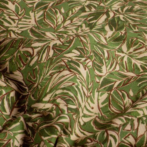 Tissu Sweat léger French Terry Marina extensible feuilles Ecru sur fond Vert kaki