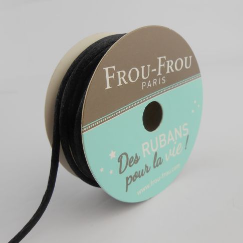 Bobinette Ruban Cordon de satin Frou-Frou Noir de jais - 2 mm x 10 mètres