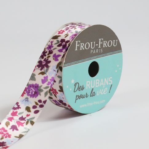 Bobinette Ruban Satin Fleuri Frou-Frou Lavande rosée - 16 mm x 5 mètres