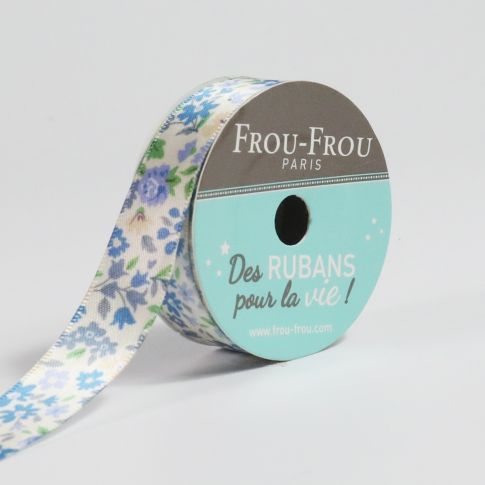 Bobinette Ruban Satin Fleuri Frou-Frou Ciel intense - 16 mm x 5 mètres