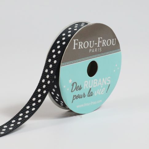Bobinette Ruban Gros grain Pois Frou-Frou Noir de jais - 10 mm x 4 mètres