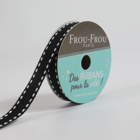 Bobinette Ruban Gros grain Surpiqué Frou-Frou Noir de jais - 10 mm x 4 mètres