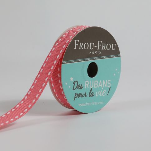 Bobinette Ruban Gros grain Surpiqué Frou-Frou Corail - 10 mm x 4 mètres