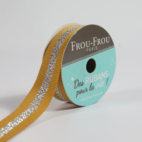 Bobinette Ruban Gros grain Rayure Brillante Frou-Frou Poussière d'or - 15 mm x 4 mètres