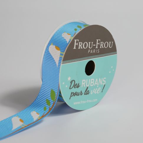 Bobinette Ruban Gros grain motif nature oiseaux Frou-Frou Turquoise - 16 mm x 4 mètres