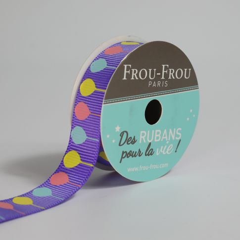 Bobinette Ruban Gros grain motif ballon Frou-Frou Violette - 16 mm x 4 mètres
