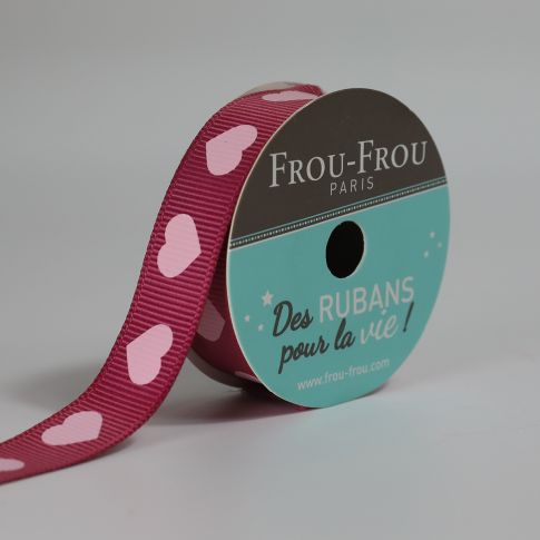 Bobinette Ruban Gros grain motif cœur Frou-Frou Rose poudre - 16 mm x 4 mètres