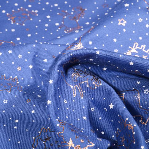 Tissu Jersey Coton Animaux  métallisés rose gold sur fond Bleu