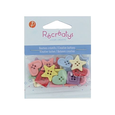Boutons créatifs Récréatys Assortiment de boutons Etoiles, cœurs et carrés