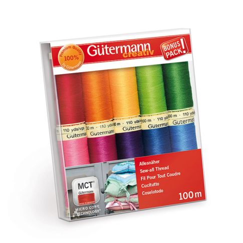 Set de 10 bobines de fil Gütermann Pour tout coudre 100m - Couleurs arc-en-ciel