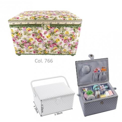 Boite à couture rectangulaire taille moyenne - Fleurs sur fond ecru