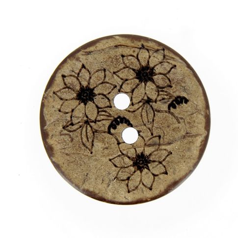 Bouton coco gravé fleur - 30 mm