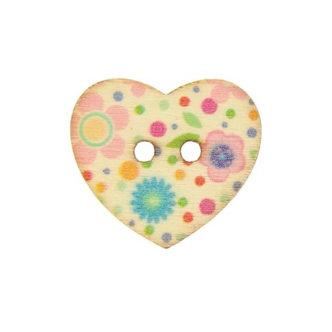 Bouton Cœur en bois 25 mm - Pois colorés