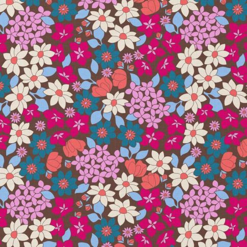 Tissu Coton imprimé Arty Morris fuschia sur fond Cacao