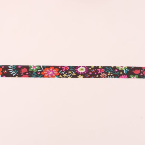 Biais imprimé 20 mm Grosses fleurs sur fond Marron x1m
