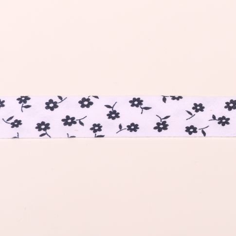 Biais imprimé 20 mm Gris Anthracite et blanc Fleuris x1m