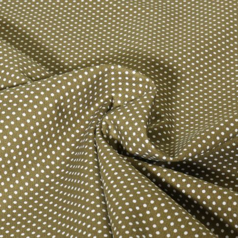 Tissu Popeline de Coton  Carmella à pois blanc sur fond Vert kaki
