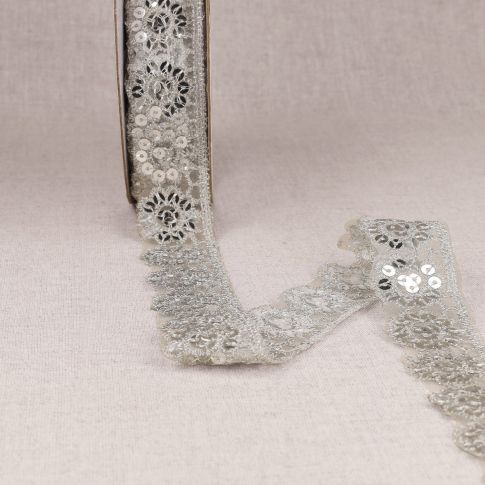 Ruban Dentelle pailleté 30 mm Argent x1m