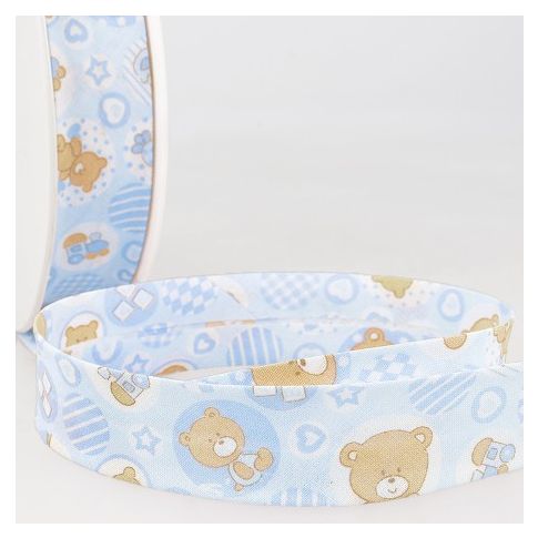 Biais replié 25 mm Oursons et coeurs sur fond Bleu x1m