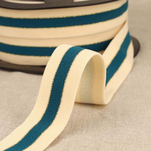 Elastique Plat bicolore lisière Or 32 mm Ecru et bleu canard x1m