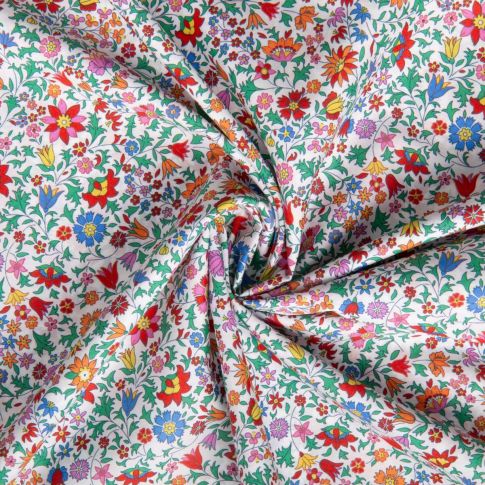 Tissu Liberty of London Library Edit II Vert et rouge sur fond Blanc
