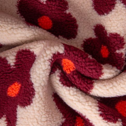 Tissu Sherpa Elya Fleurs Bordeaux sur fond Ecru