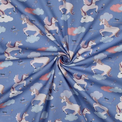 Tissu Popeline de Coton Zelhia licornes magiques sur fond Bleu