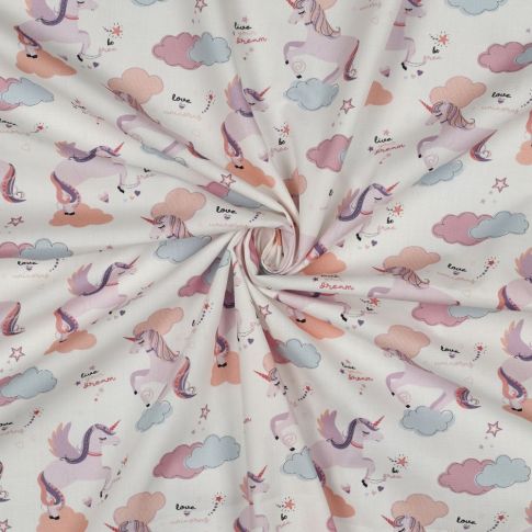 Tissu Popeline de Coton Zelhia licornes magiques sur fond Blanc cassé