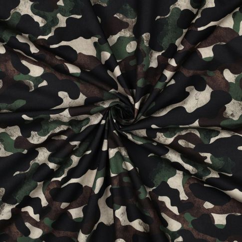 Tissu Popeline de Coton Digital Ted camouflage sur fond Blanc cassé