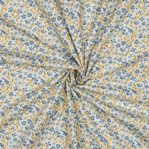 Tissu Popeline de Coton Marie petites fleures Bleu sur fond Blanc cassé