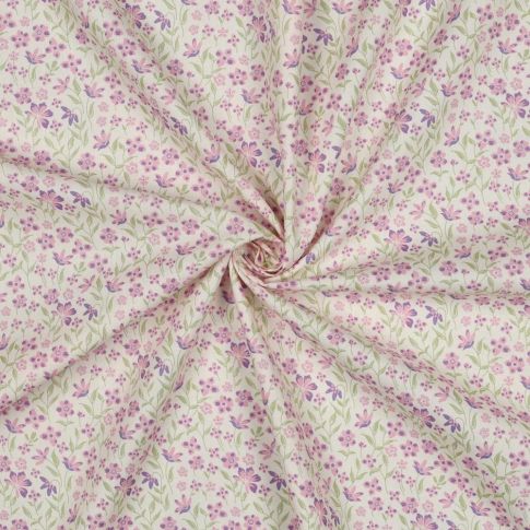 Tissu Popeline de Coton Marie petites fleures Violet sur fond Blanc cassé