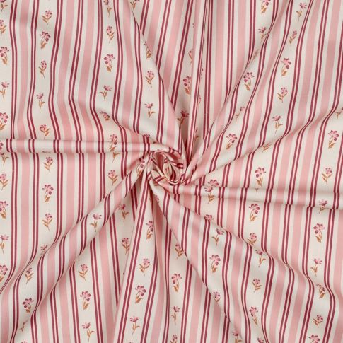 Tissu Popeline de Coton Daphnée rayures fleuries Rose sur fond Blanc cassé