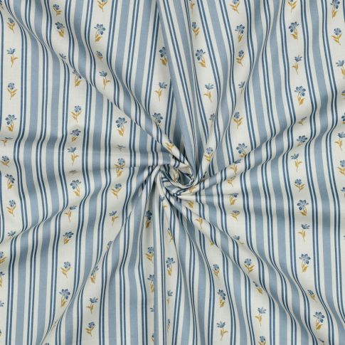 Tissu Popeline de Coton Daphnée rayures fleuries Bleu sur fond Blanc cassé