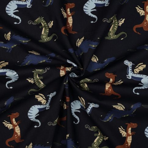 Tissu Popeline de Coton Eliot dragons multicolore sur fond Bleu marine