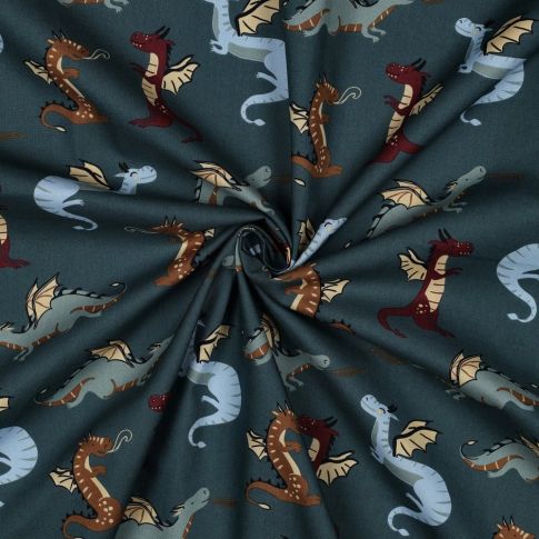 Tissu Popeline de Coton Eliot dragons multicolore sur fond Bleu pétrole
