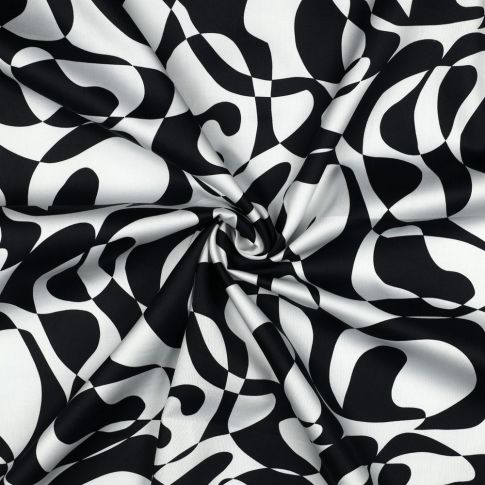 Tissu Coton satiné Iris motif abstrait Noir sur fond Blanc