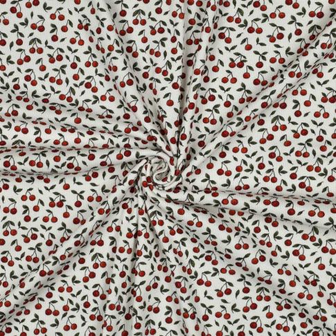 Tissu Jersey Bord Côte Digital Ambre petites cerises Rouges sur fond Blanc cassé