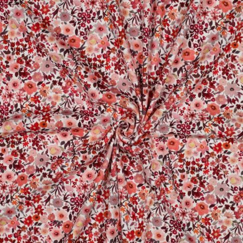 Tissu Jersey Bord Côte Digital Léonie fleurs sauvages ton Pêche sur fond Blanc cassé