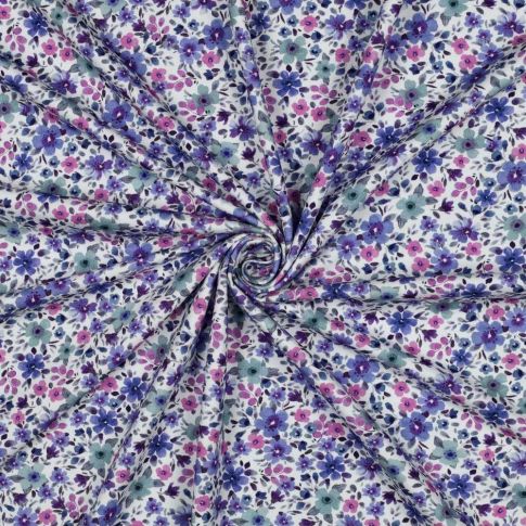 Tissu Jersey Coton imprimé Fleuris Jayli sur fond Blanc