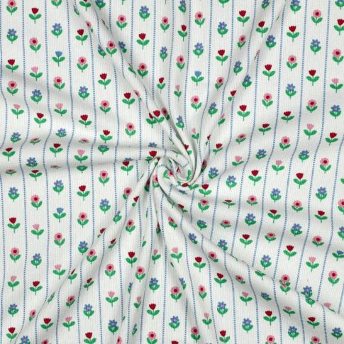 Tissu Jersey Coton imprimé Rayures fleuris Melodie vert sur fond Blanc