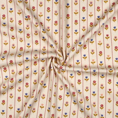 Tissu Jersey Coton imprimé Rayures vichy fleuris ocre sur fond Ecru