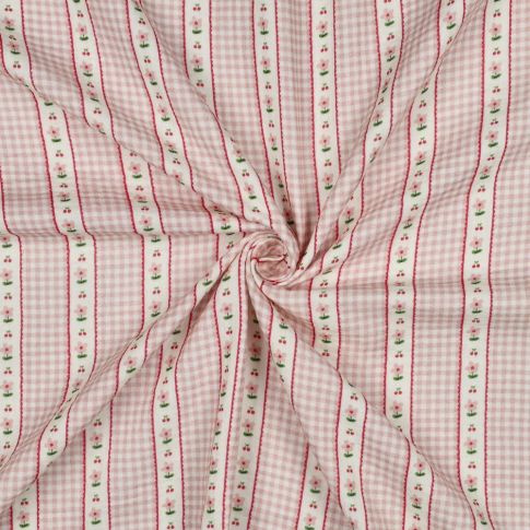 Tissu Coton imprimé Rayures vichy fleuris rose sur fond Blanc